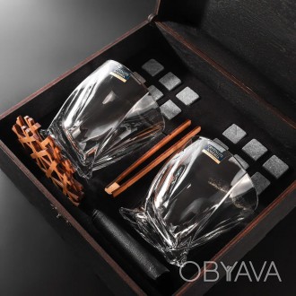 Камни для виски подарочный деревянный набор с бокалами.