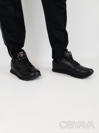 Кроссовки мужские черные Reebok Classic Leather Black. Обувь мужская весна осень. . фото 1