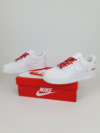 Кроссовки мужские белые с красным Nike Air Force 1 x Supreme White Red. Кроссы в. . фото 3