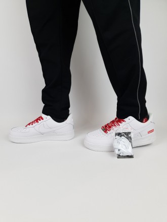 Кроссовки мужские белые с красным Nike Air Force 1 x Supreme White Red. Кроссы в. . фото 2
