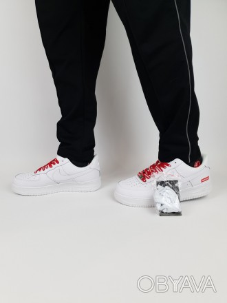 Кроссовки мужские белые с красным Nike Air Force 1 x Supreme White Red. Кроссы в. . фото 1