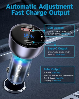 Автомобильное зарядное устройство Baseus Dual Quick Charger 65W USB + Type-C (VC. . фото 7
