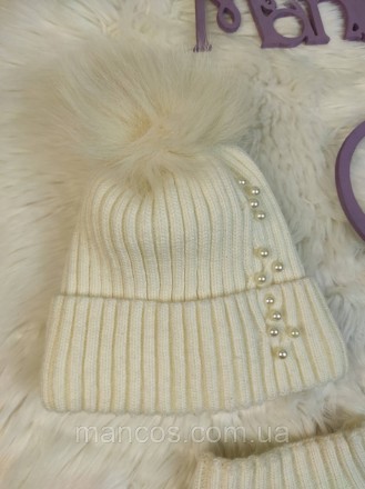 Женский зимний комплект Monleo шапка с меховым помпоном и манишка белая с бусина. . фото 3