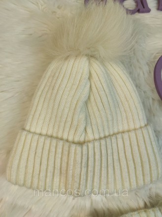 Женский зимний комплект Monleo шапка с меховым помпоном и манишка белая с бусина. . фото 4
