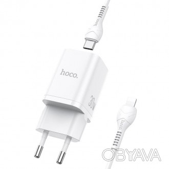 Адаптер сетевой HOCO Bright N13 USB, Type-C, QC, 20W, с кабелем Type-C-Lightning