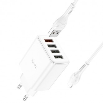 Описание Адаптера сетевого HOCO C102A Fuerza 4USB QC3.0 с кабелем Lightning, бел. . фото 4