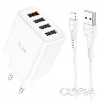 Описание Адаптера сетевого HOCO C102A Fuerza 4USB QC3.0 с кабелем Lightning, бел. . фото 1