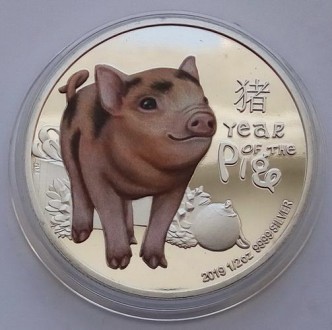 Год Свиньи - 2019 г. - сувенирная монета. Посеребрение, цветная печать. В капсул. . фото 3
