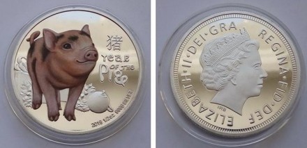 Год Свиньи - 2019 г. - сувенирная монета. Посеребрение, цветная печать. В капсул. . фото 2
