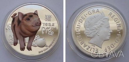 Год Свиньи - 2019 г. - сувенирная монета. Посеребрение, цветная печать. В капсул. . фото 1