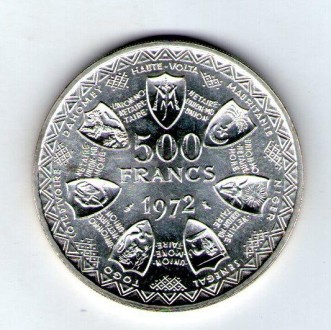 Західно-Африканські Штати (Союз) 500 франків 1972 Срібло 25 грам.900 проби. . фото 2