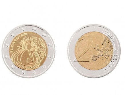 Монета випущена національним банком Естонії на знак підтримки України.
На монеті. . фото 3