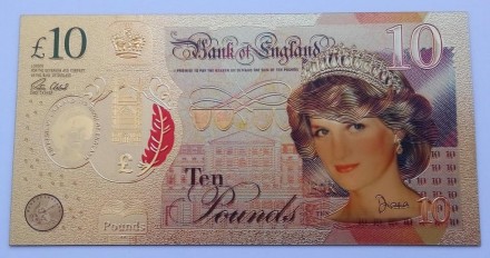 Англия Золотая банкнота 10 фунтов с Дианой и Джейн Остин
	
	
	
 Банкнота предста. . фото 2