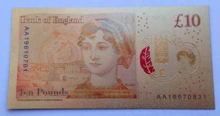Англия Золотая банкнота 10 фунтов с Дианой и Джейн Остин
	
	
	
 Банкнота предста. . фото 3