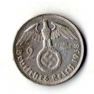 Германия - Третий рейх Нацистская Германия 2 рейхсмарки, 1938 год серебро 8 гр. . . фото 2