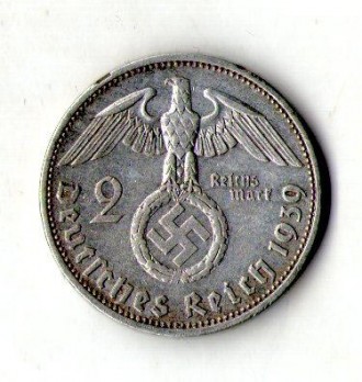 Германия - Третий рейх Нацистская Германия 2 рейхсмарки, 1939 год серебро 8 гр. . . фото 2