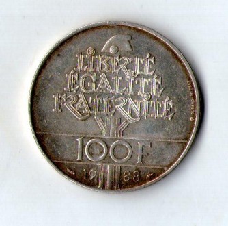 Франція 100 франків, 1988 рак БРАТСТВО срібло 15 грам. 900 проби №647. . фото 3