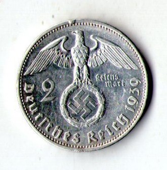 Німеччина — Третій рейх Нацистська Німеччина 2 рейхсмарки, 1939 рік срібло 8 гр.. . фото 2