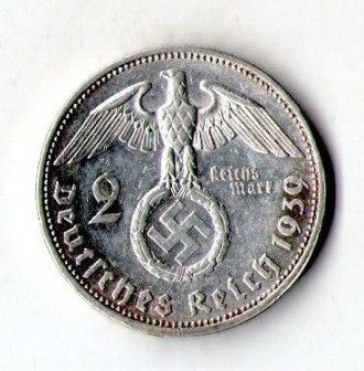 Німеччина — Третій рейх Нацистська Німеччина 2 рейхсмарки, 1939 рік срібло 8 гр.. . фото 2