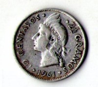 Доминиканская Республика 10 центаво 1961 год серебро №853. . фото 2