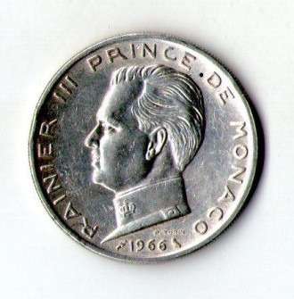 Монако 5 франків 1966 рік срібло 12.гр. принц Реньє III №691. . фото 2