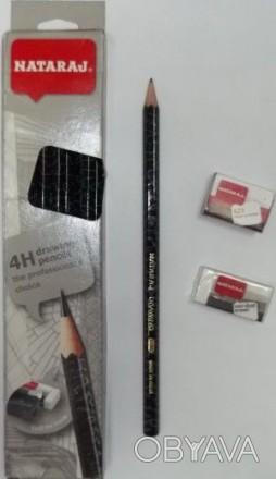 Олівець чорнографітний Nataraj Drawing 4H загострений з гумкою та стругалкою. . фото 1