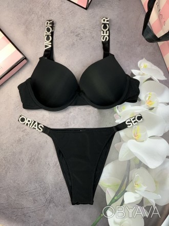 Комплект женский Victoria’s Secret Model Буквы топ+трусики Черный kk012