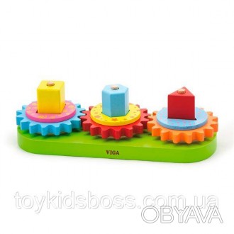 Ця барвиста дерев'яна іграшка складається з геометричних блоків, шестірнею, шайб. . фото 1