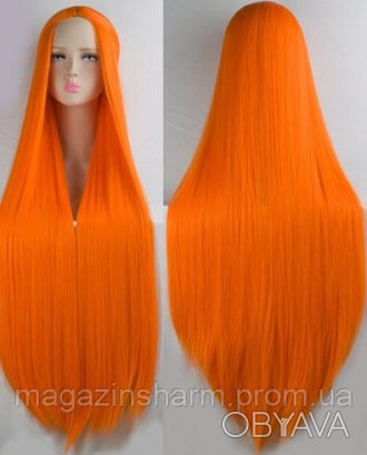 Длинный парик оранжевый. Прямые волосы без челки с центральным пробором, выглядя. . фото 1