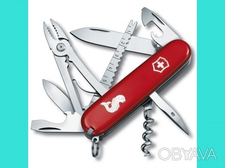 Складной швейцарский нож Victorinox Angler с красной рукоятью и логотипом в виде. . фото 1