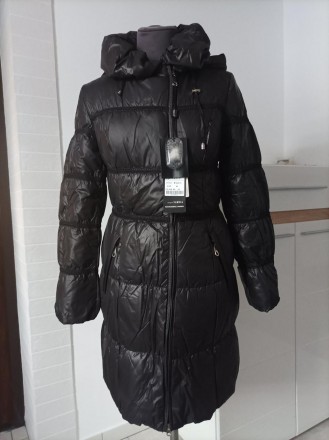 пуховик довгий жіночий 44 з капюшоном з поясом пальто жіноче зимове чорне 
 Мка . . фото 2