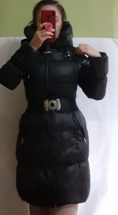 пуховик довгий жіночий 44 з капюшоном з поясом пальто жіноче зимове чорне 
 Мка . . фото 8