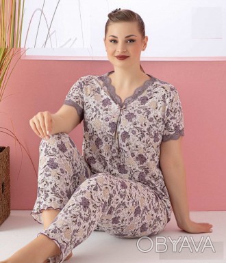 Женская пижама c коротким рукавом большого размера, бежевые цветы 50-56 (2XL- 5X. . фото 1