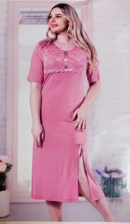 Турецкая ночная рубашка из хлопка с кружевом, размер 48-54, розовая, персик, син. . фото 4