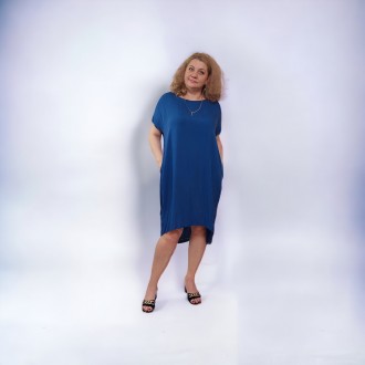 Женское короткое синее платье большого размера 56-62, штапель, 100% Хлопок, Турц. . фото 3