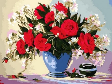 VK 091 "Розы в синей вазе" 
Картины на холсте. Роспись по номерам 40х30см В набо. . фото 2