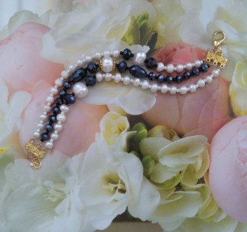Розкішний чорно-білий браслет із натуральних перлів та чеського кришталю. Розмір. . фото 2