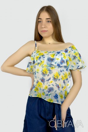 Шифоновая блузка от испанского бренда ZARA. Модель на одно плечо, декорирована в. . фото 1