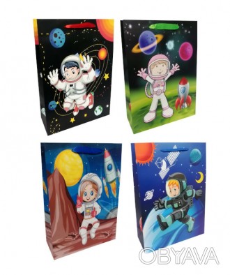 Подарунковий пакет картон 200грм, "Космонавт" МІКС 4 види, 31*42*12см 4 шт. в уп. . фото 1