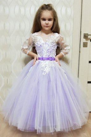 Нарядное праздничное выпускное детское платье с пышной юбкой и гипюровым лифом, . . фото 2