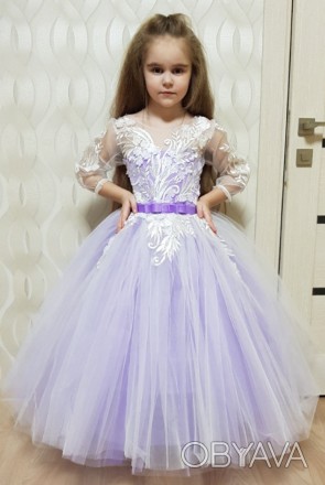 Нарядное праздничное выпускное детское платье с пышной юбкой и гипюровым лифом, . . фото 1