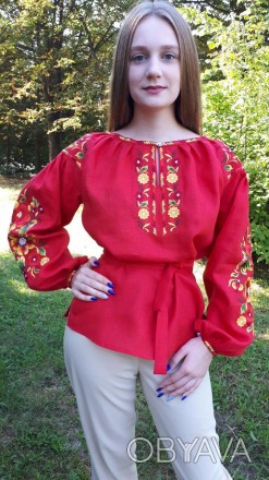 
Женская вышиванка из натурального льна насыщенного красного цвета.
Вышивка в ви. . фото 1