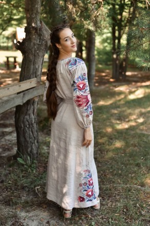 
 Довге плаття з льону. 
Оригінальний квітковий орнамент у стилі петриковського . . фото 3