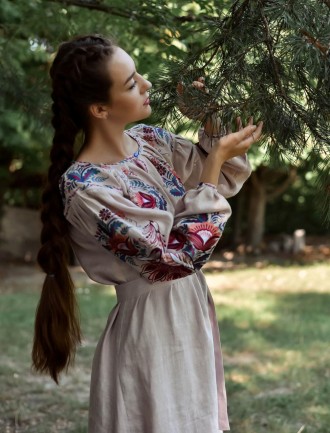 
 Довге плаття з льону. 
Оригінальний квітковий орнамент у стилі петриковського . . фото 7