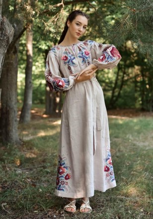 
 Довге плаття з льону. 
Оригінальний квітковий орнамент у стилі петриковського . . фото 2