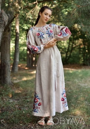 
 Довге плаття з льону. 
Оригінальний квітковий орнамент у стилі петриковського . . фото 1