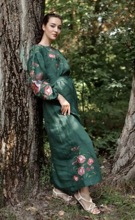 
 Довге плаття з льону. 
Оригінальний квітковий орнамент у стилі петриковського . . фото 3