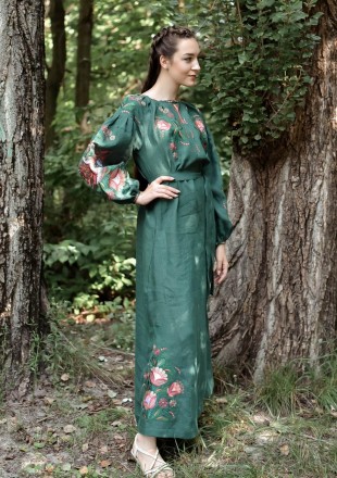 
 Довге плаття з льону. 
Оригінальний квітковий орнамент у стилі петриковського . . фото 2