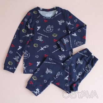 Піжама дитяча з штанами та кофтою темно-синього кольору з принтом від ТМ Ladan. . . фото 1
