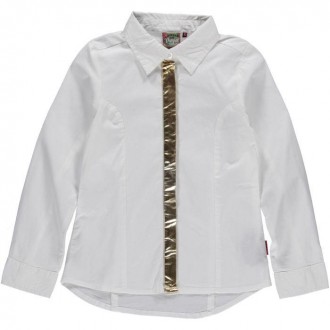 Белая аккуратная блуза с полосой золотистого цвета спереди. Ткань блузки имеет г. . фото 2